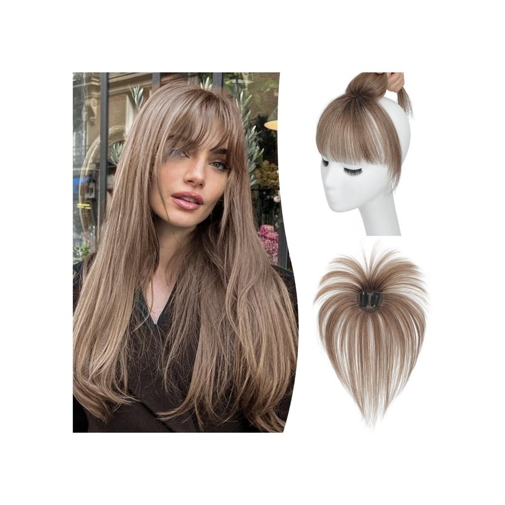 Real Human Hair Clip In Bangs 360 Fringe Ombre Ash Brown Light Highlights 10"
